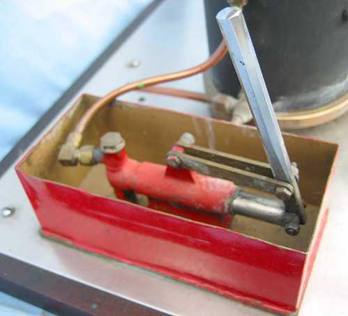 Stuart 10V, coal-fired boiler and hand pump