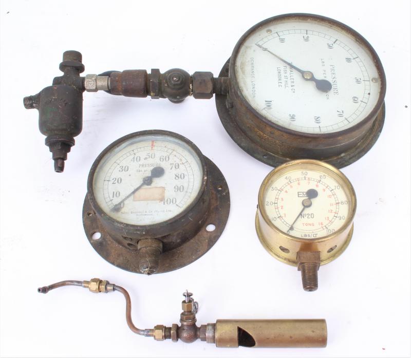 Pressure gauges, steam whistle