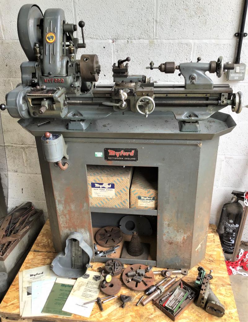 Myford ML7 lathe with gearbox, stand and tooling