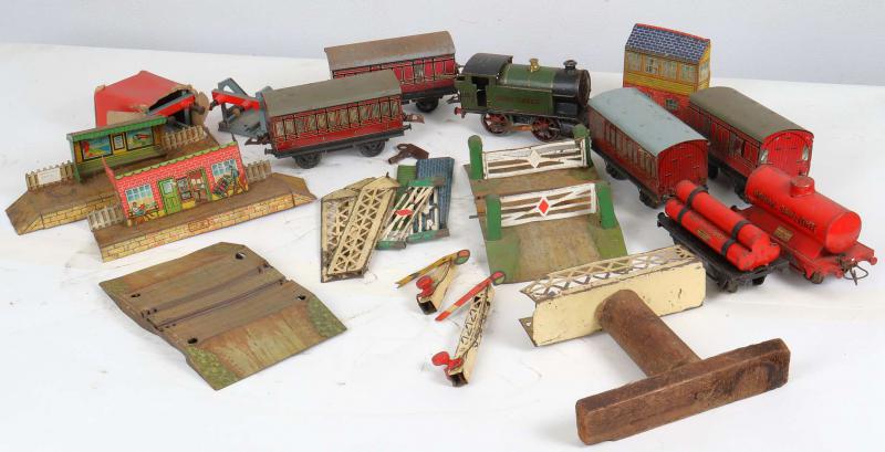 Assorted Hornby tinplate rolling stock, track & locomotive
